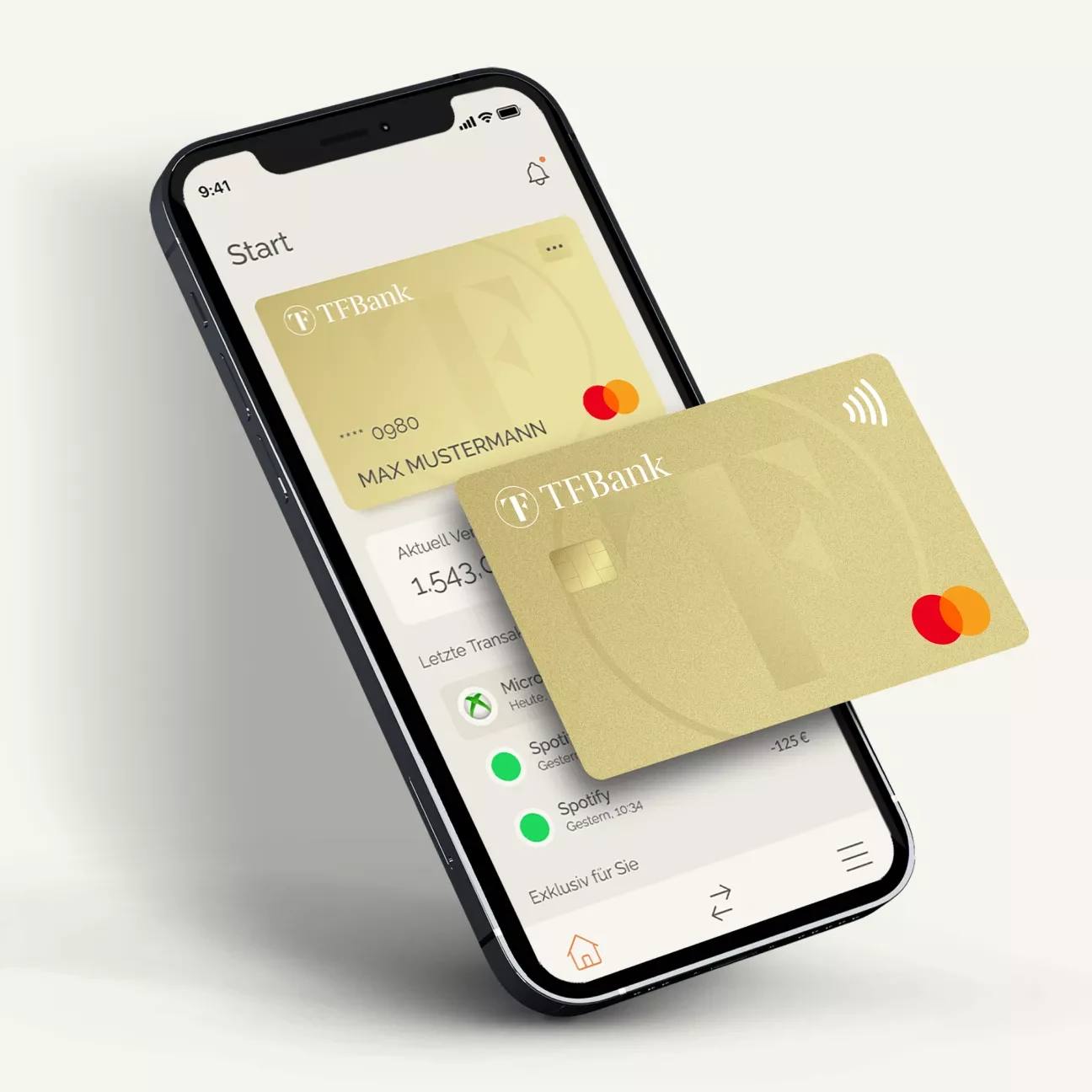 TF Bank Mobile App mit Transaktionsübersicht und verfügbarem Limit. TF Mastercard Gold schwebt daneben.