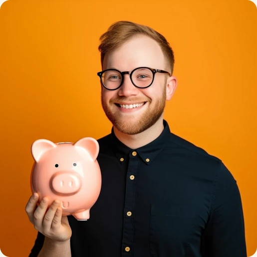 Man hält fröhlich ein Sparschwein neben sich.