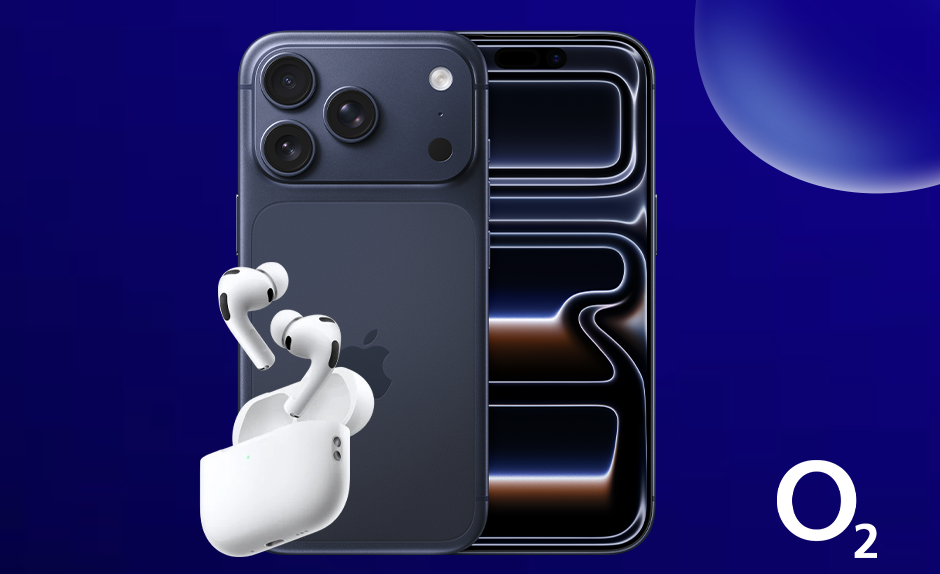 iPhone 17 Pro abgelichtet mit AirPods auf blauem Hintergrund und o2 Logo