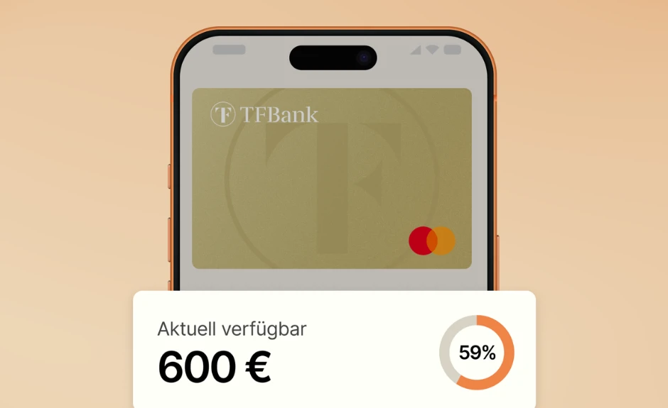Kreditkartenlimit und wie es erhöht wird, wird erklärt von der TF Bank. Auf dem Bild sieht man App-Ansicht mit dem verfügbaren Saldo und aufgebrauchtes Limit Zeichen.