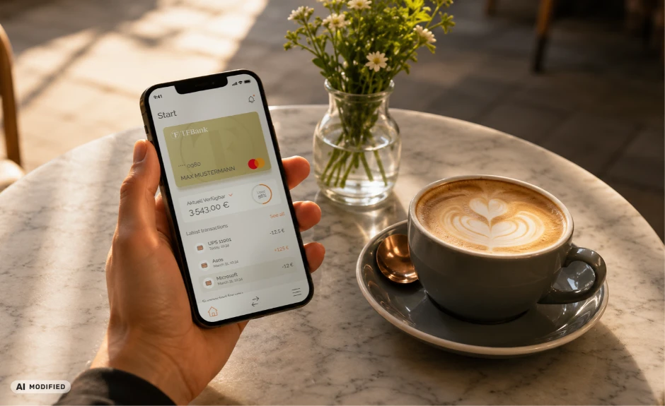 Rechnungsausgleich TF Bank. Jemand sitzt im Cafe und hält die TF Bank Mobile App geöffnet, wo man Ausgaben sieht