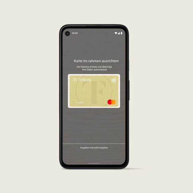 Smarphone zeigt wie TF Mastercard Gold für die Prüfung bei Google Pay auszurichten ist.