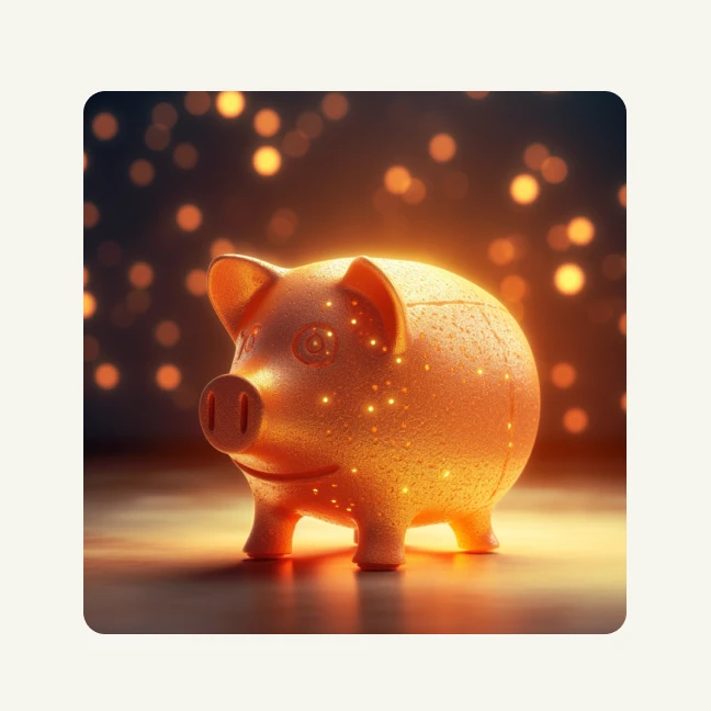 Goldenes Sparschwein leuchtet und ist umgeben von goldenen schimmernden Punkten.