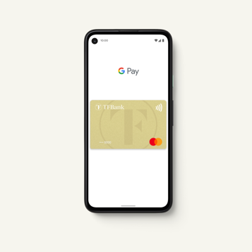 Smartphone bildet Google Pay Funktion mit der TF Mastercard Gold ab.