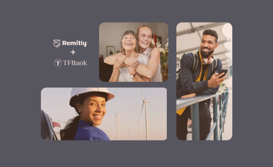 Werbebild Remitly und TF Bank. Abgebildet sind 3 verschiedene Situationsbilder (eine Frau mit Helm vor einem Windrad, Mutter und Tochter die sich umarmen, ein Mann der lächelnd über einem Geländer lehnt und ein Handy in der Hand hält)