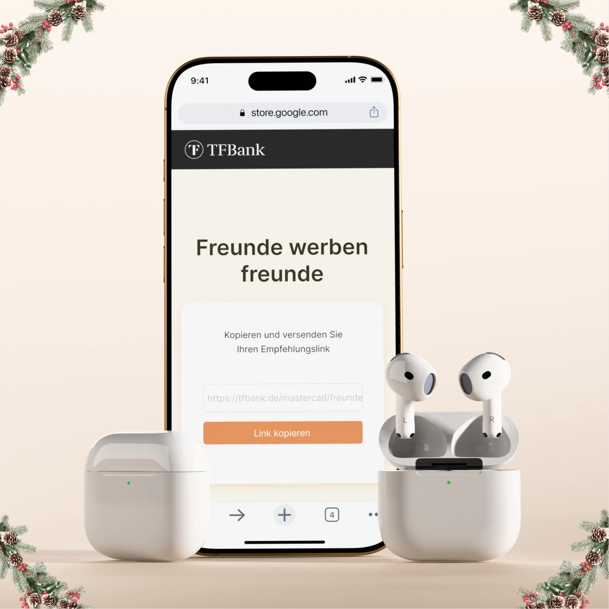 Ein iPhone hat die TF Bank Freunde werben Freunde Aktion geöffnet. Neben dem iPhone sind die Airpods 4 zusehen.