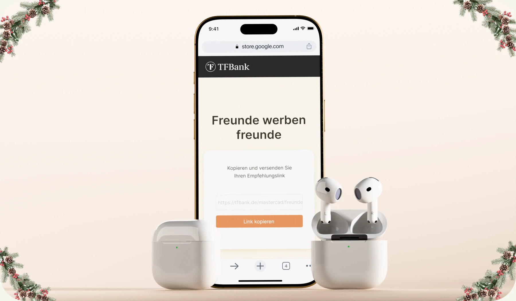 Ein iPhone hat die TF Bank Freunde werben Freunde Aktion geöffnet. Neben dem iPhone sind die Airpods 4 zusehen.