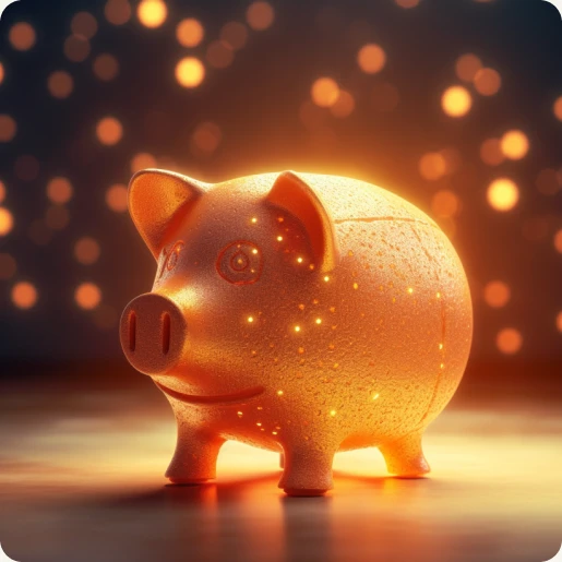 Goldenes Sparschwein leuchtet und ist umgeben von goldenen schimmernden Punkten.