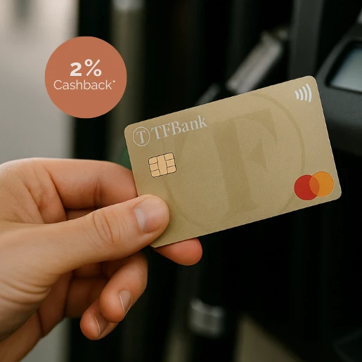 TF Mastercard Gold wird vor einer Zapfsäule gehalten. Oben Links werden 2 % Cashback abgebildet.